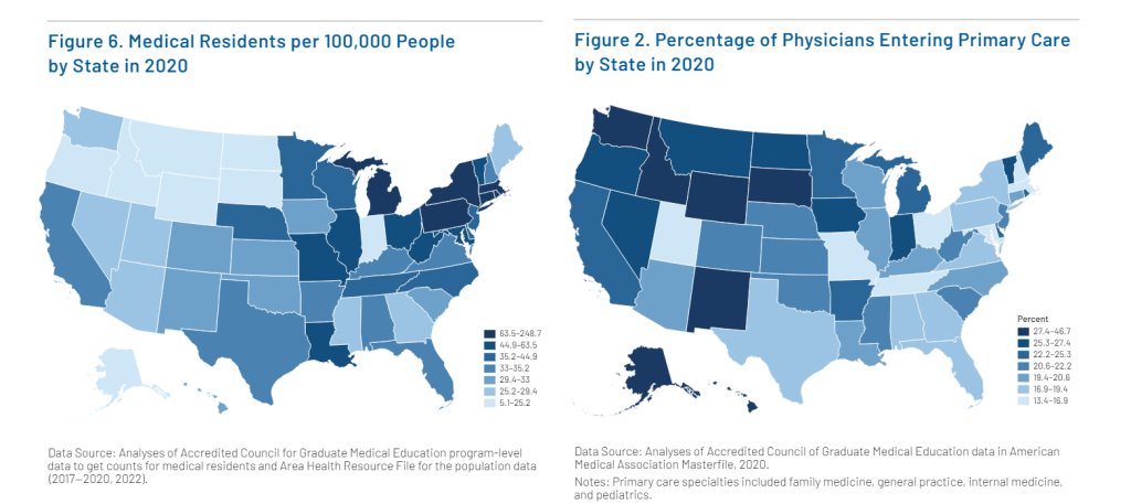 Medical Residents per 100,000 People by State in 2020 / Percentage of Physicians Entering Primary Care by State in 2020