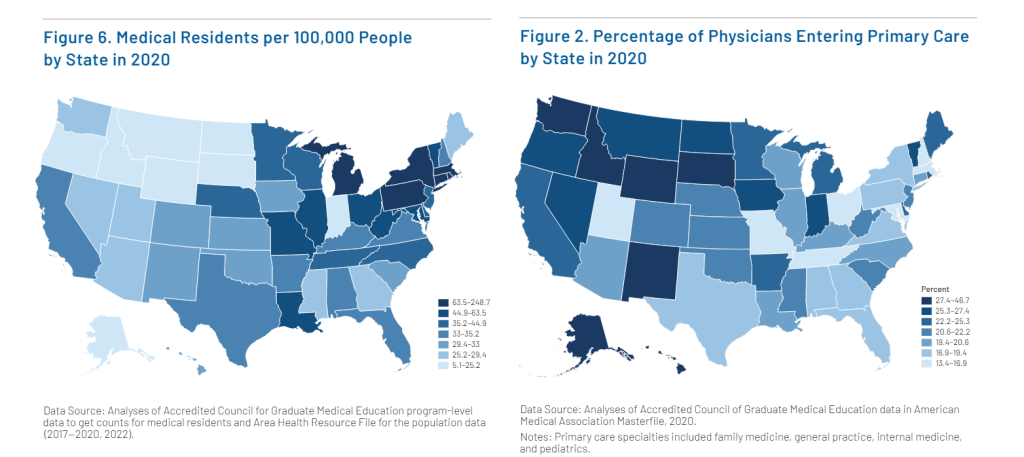 Medical Residents per 100000 People by State in 2020 Percentage of Physicians Entering Primary Care by State in 2020