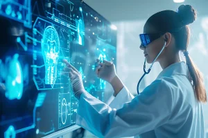 Clinician wearing smart glasses reviews holographic diagnostic displays, illustrating AI in rural healthcare
