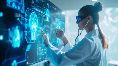 Clinician wearing smart glasses reviews holographic diagnostic displays, illustrating AI in rural healthcare