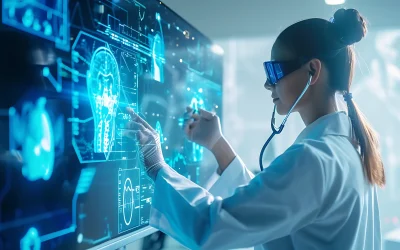 Clinician wearing smart glasses reviews holographic diagnostic displays, illustrating AI in rural healthcare