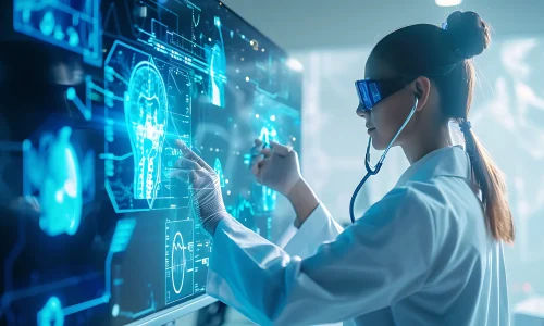 Clinician wearing smart glasses reviews holographic diagnostic displays, illustrating AI in rural healthcare