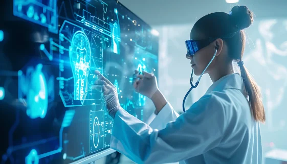 Clinician wearing smart glasses reviews holographic diagnostic displays, illustrating AI in rural healthcare
