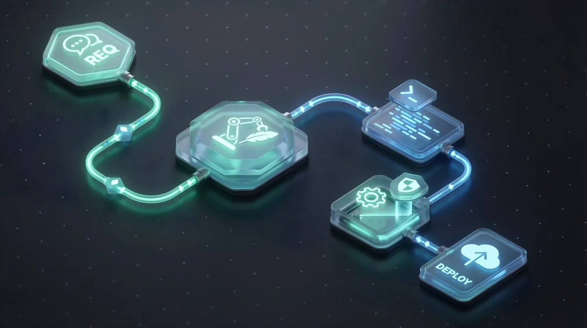 3D isometric illustration of an automated software pipeline running from requirements to deployment, the kind of workflow the GSA EOA playbook addresses