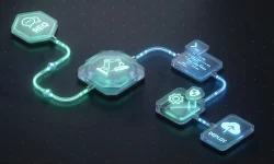 3D isometric illustration of an automated software pipeline running from requirements to deployment, the kind of workflow the GSA EOA playbook addresses