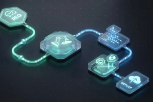 3D isometric illustration of an automated software pipeline running from requirements to deployment, the kind of workflow the GSA EOA playbook addresses