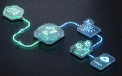 3D isometric illustration of an automated software pipeline running from requirements to deployment, the kind of workflow the GSA EOA playbook addresses