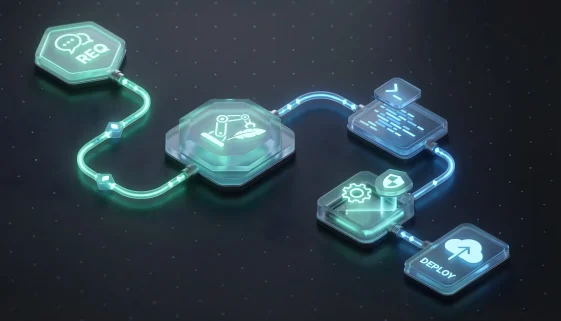 3D isometric illustration of an automated software pipeline running from requirements to deployment, the kind of workflow the GSA EOA playbook addresses