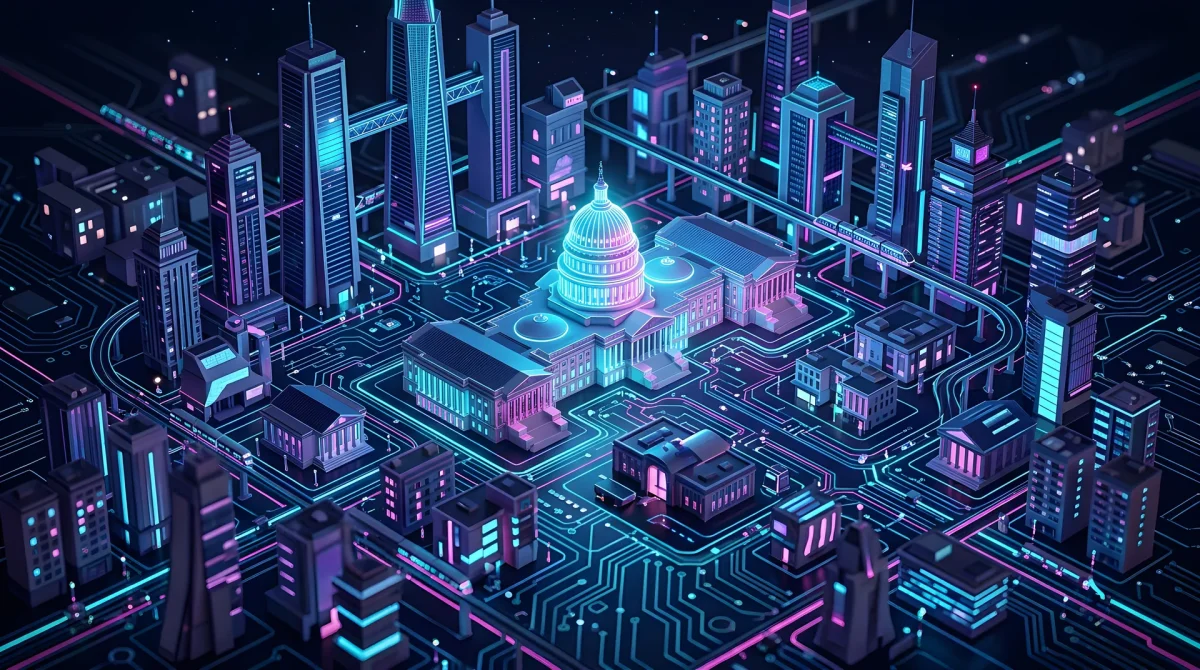 Glowing U.S. Capitol dome on an isometric circuit-board cityscape, representing federal IT modernization