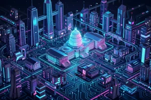 Glowing U.S. Capitol dome on an isometric circuit-board cityscape, representing federal IT modernization
