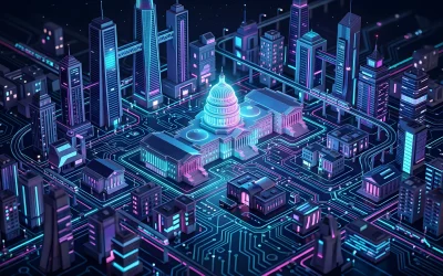 Glowing U.S. Capitol dome on an isometric circuit-board cityscape, representing federal IT modernization