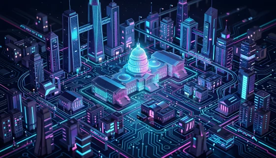Glowing U.S. Capitol dome on an isometric circuit-board cityscape, representing federal IT modernization