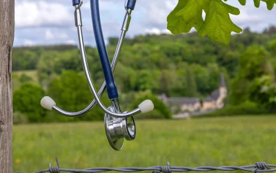 Stethoscope hanging on a barbed-wire fence at the edge of a rural field, a distant village behind it, evoking the healthcare provider shortage in rural areas