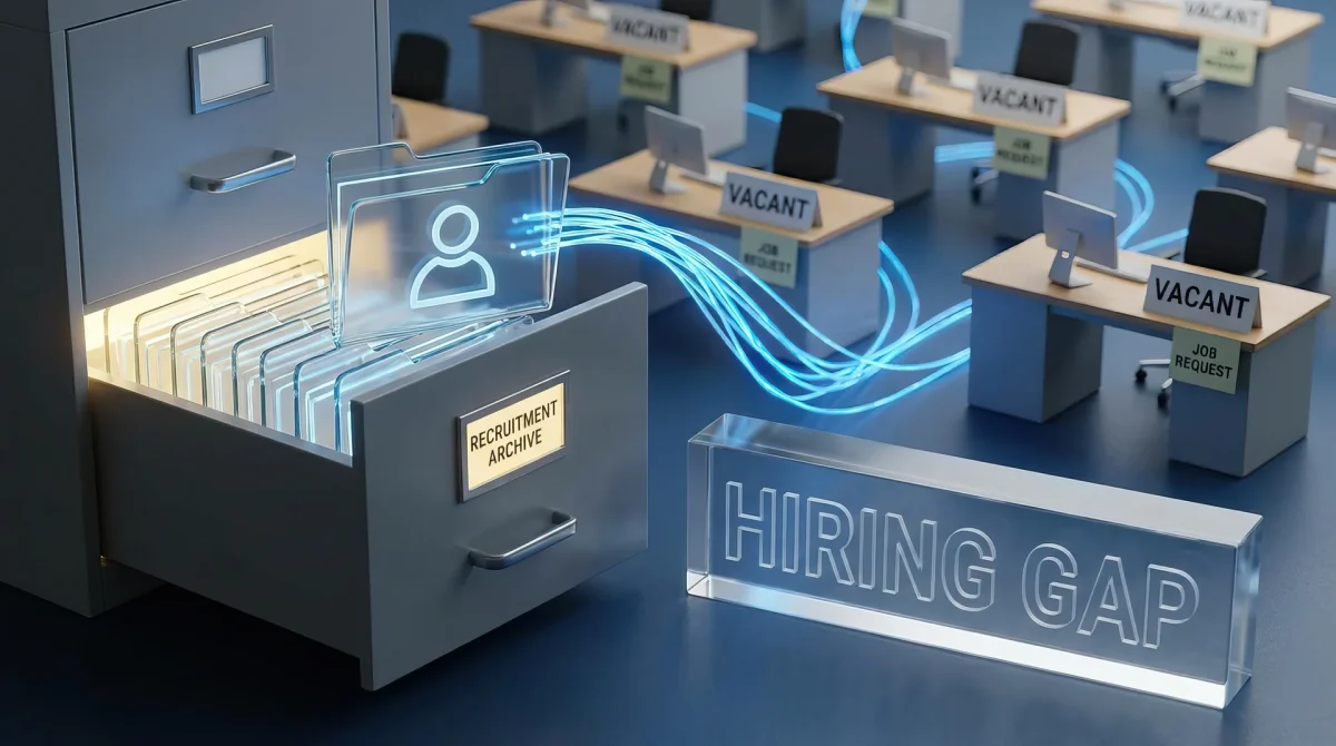 Digital candidate files flow from a recruitment archive toward rows of vacant desks, illustrating the government tech talent shortage and hiring gap