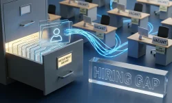 Digital candidate files flow from a recruitment archive toward rows of vacant desks, illustrating the government tech talent shortage and hiring gap