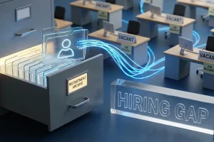 Digital candidate files flow from a recruitment archive toward rows of vacant desks, illustrating the government tech talent shortage and hiring gap