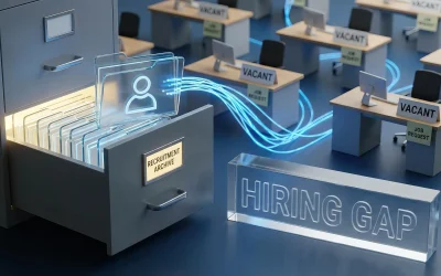 Digital candidate files flow from a recruitment archive toward rows of vacant desks, illustrating the government tech talent shortage and hiring gap