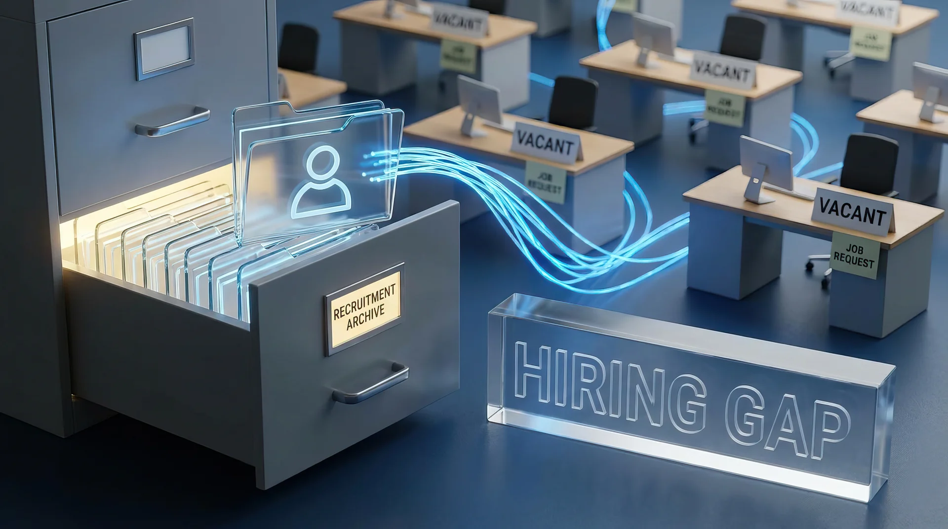 Digital candidate files flow from a recruitment archive toward rows of vacant desks, illustrating the government tech talent shortage and hiring gap