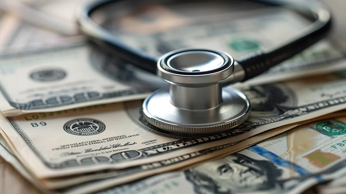 A stethoscope resting on a fanned stack of US dollar bills, the cost side of the incentive benchmarks healthcare employers weigh when recruiting physicians and APPs