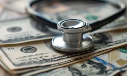 A stethoscope resting on a fanned stack of US dollar bills, the cost side of the incentive benchmarks healthcare employers weigh when recruiting physicians and APPs