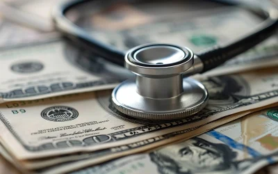 A stethoscope resting on a fanned stack of US dollar bills, the cost side of the incentive benchmarks healthcare employers weigh when recruiting physicians and APPs