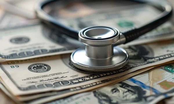 A stethoscope resting on a fanned stack of US dollar bills, the cost side of the incentive benchmarks healthcare employers weigh when recruiting physicians and APPs
