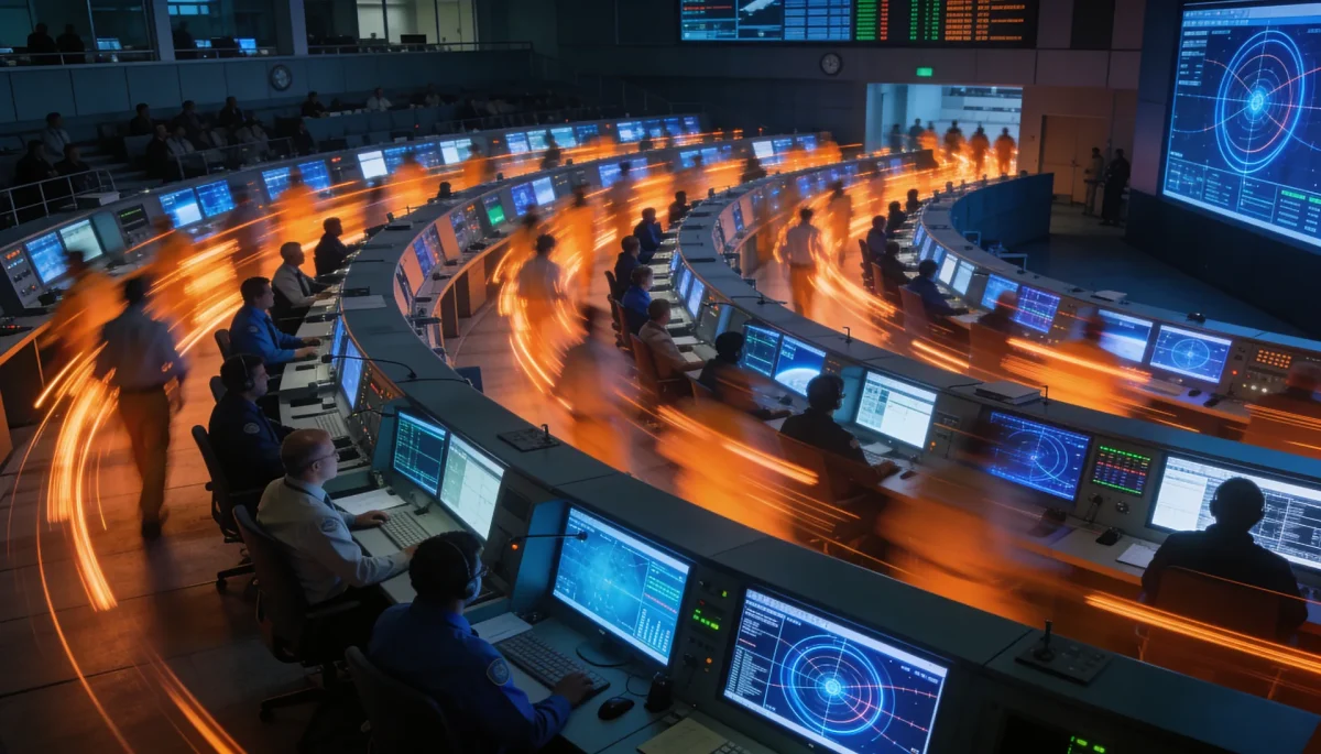 Analysts at curved banks of monitors in a government operations center, streaks of light suggesting rapid movement, evoking the pace of the State Department generative AI rollout