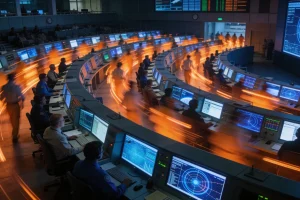 Analysts at curved banks of monitors in a government operations center, streaks of light suggesting rapid movement, evoking the pace of the State Department generative AI rollout