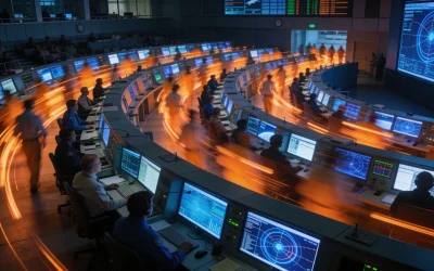Analysts at curved banks of monitors in a government operations center, streaks of light suggesting rapid movement, evoking the pace of the State Department generative AI rollout