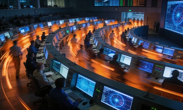 Analysts at curved banks of monitors in a government operations center, streaks of light suggesting rapid movement, evoking the pace of the State Department generative AI rollout