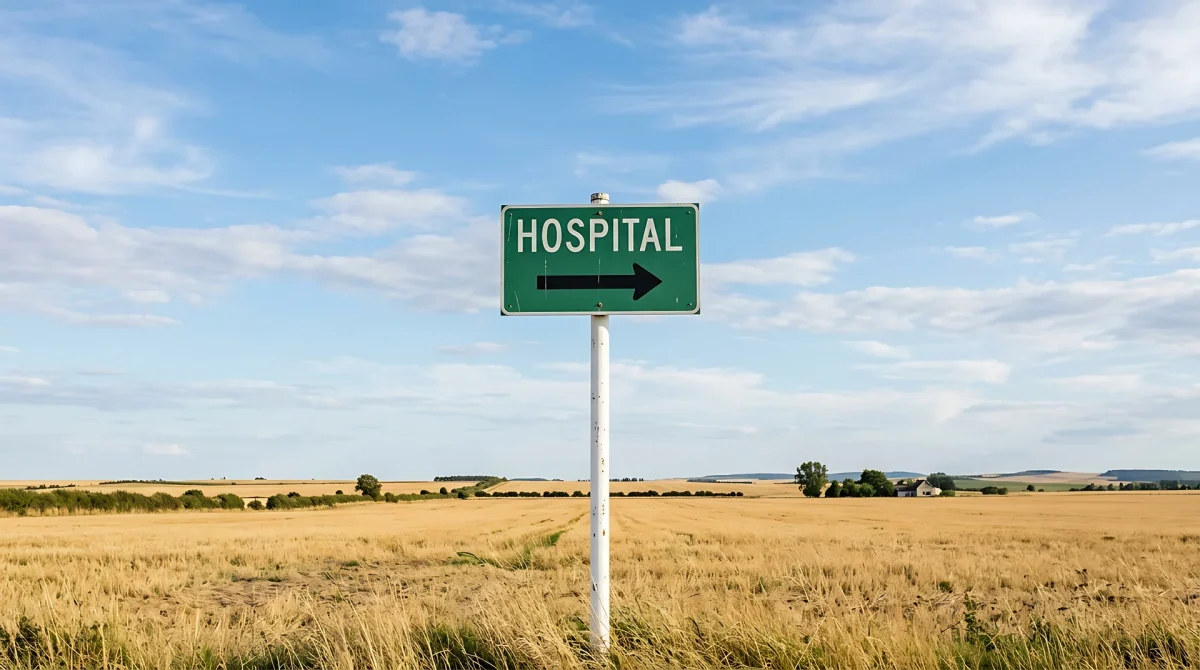 A green HOSPITAL road sign with a directional arrow stands in an open field of farmland, the kind of rural community where provider vacancies and a long time-to-hire hit hardest