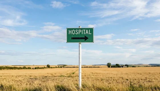 A green HOSPITAL road sign with a directional arrow stands in an open field of farmland, the kind of rural community where provider vacancies and a long time-to-hire hit hardest