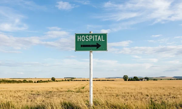 A green HOSPITAL road sign with a directional arrow stands in an open field of farmland, the kind of rural community where provider vacancies and a long time-to-hire hit hardest