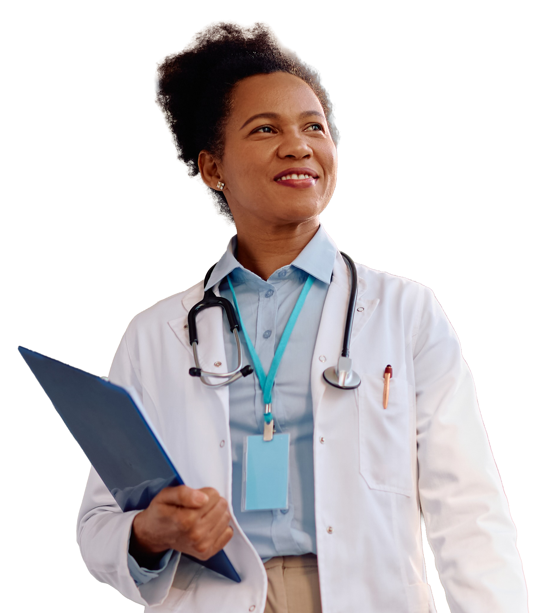 Healthcare provider in white coat with stethoscope and clipboard